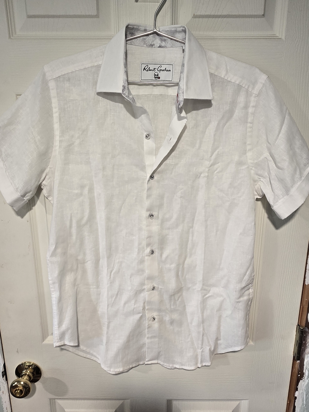 Robert Graham White Short-Sleeve Linen Button-Down Shirt with Contrast Collar